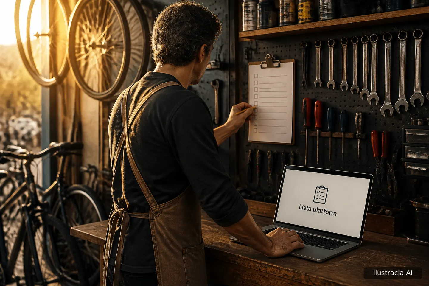 Mężczyzna w fartuchu sprawdza na laptopie listę platform przy warsztacie rowerowym, obok wiszą koła.