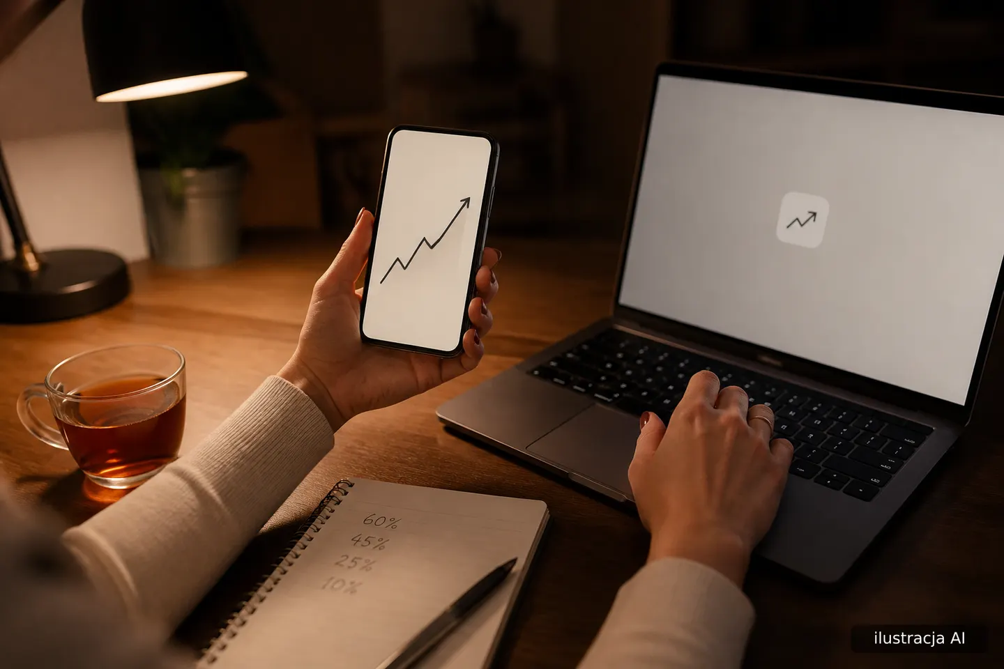Osoba analizująca statystyki profilu na Instagramie na telefonie i laptopie